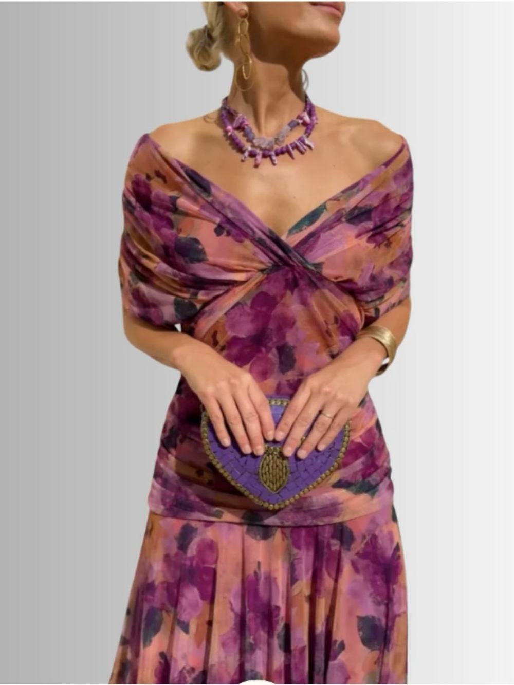 Purple & Dusty Rose Floral Off-On Shoulder Maxi Dress